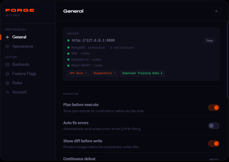 The settings panel: a server block showing MongoDB connected with five collections, and RAG, embedders and ModernBERT all reporting ready; buttons for API docs, diagnostics and downloading training data; and behaviour toggles for plan before execute, auto fix errors, and show diff before write.