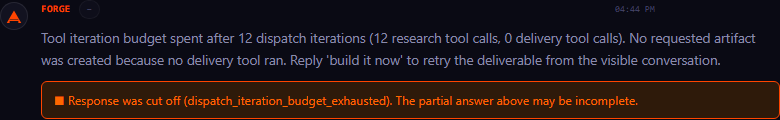 A stop message reading: tool iteration budget spent after 12 dispatch iterations, 12 research tool calls and 0 delivery tool calls. No requested artifact was created because no delivery tool ran. Reply build it now to retry the deliverable.